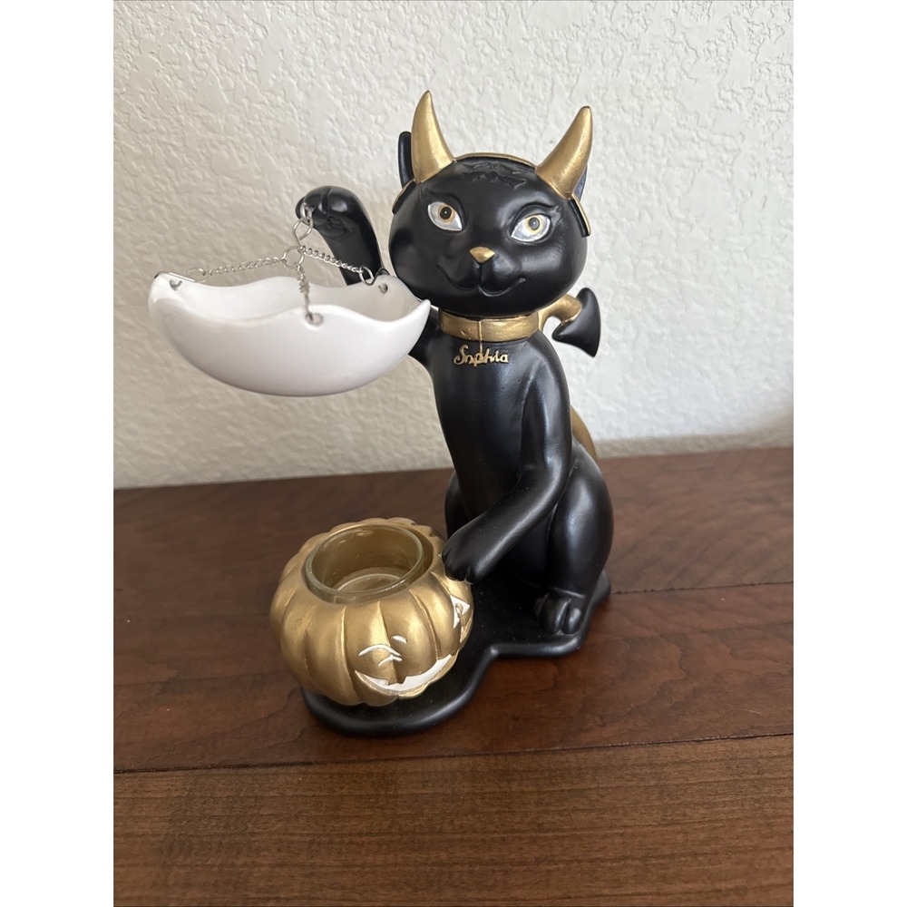 Yankee Candle Black Cat Sophie Halloween Kitty w/ Gold Pumpkin Warmer 9" Tall